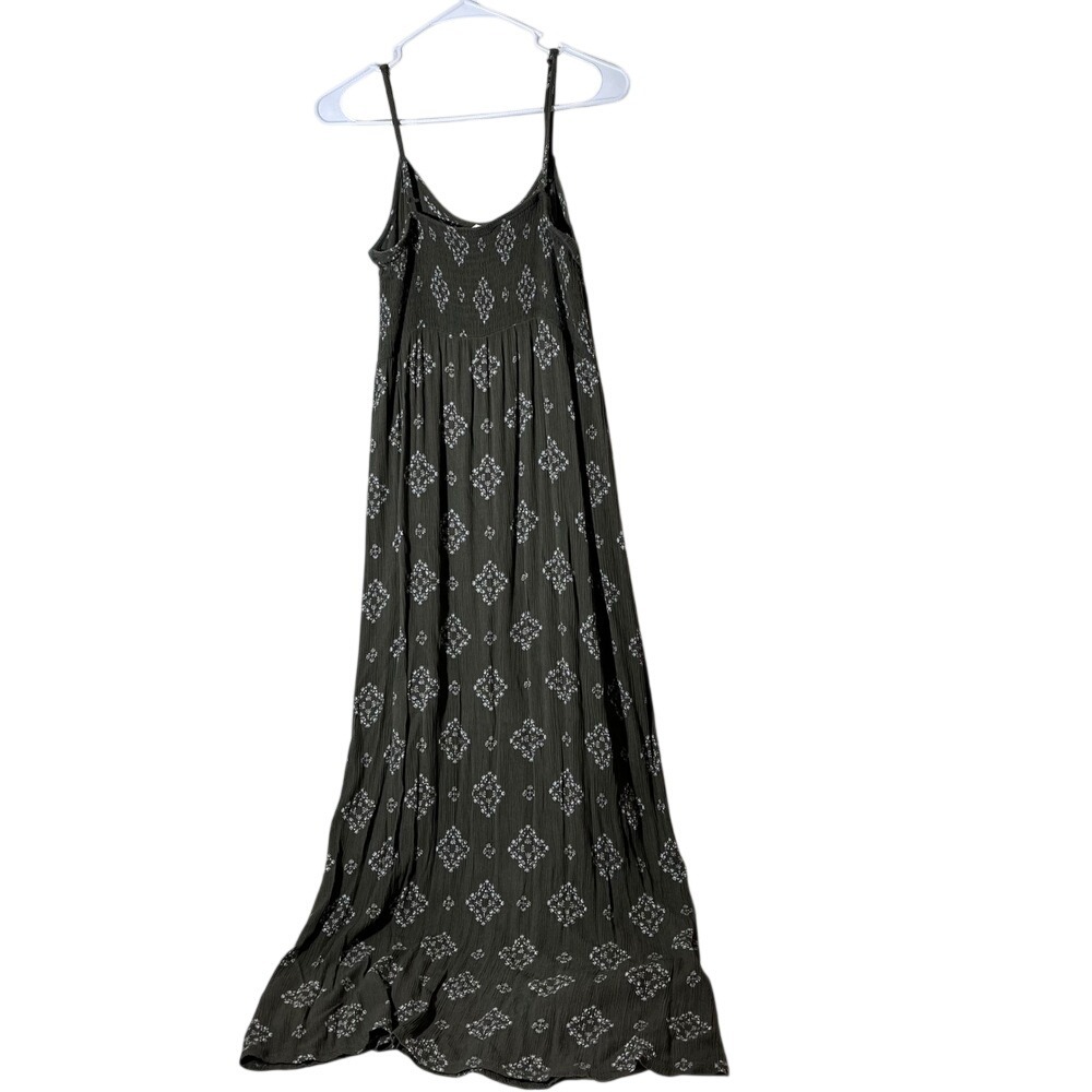 SO Women's small Olive Green Medallion Print Boho Maxi Dress Smocked Back